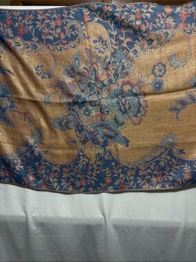 Source Unknown Gold and Blue Floral Paisley Wrap Scarf